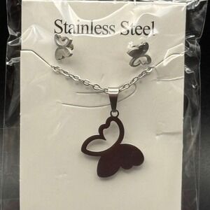Stainless Steel Butterfly Necklace and Earrings Set Silver Tone